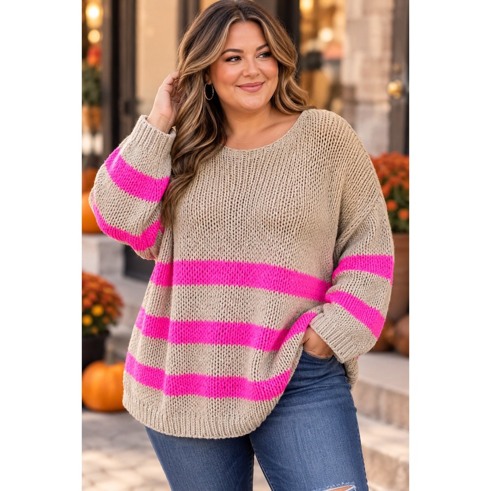 LASCANA Chunky Knit Sweater Beige Neon Pink Stripe Oversized Pullover 12/14
